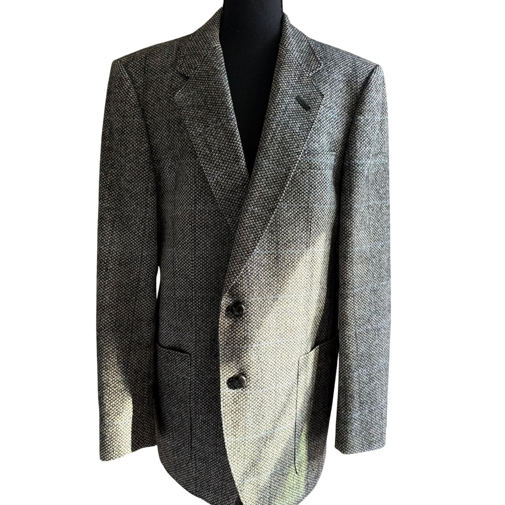 Vintage Bruno Kirches London Wool Blazer Black White Blue Plaid Elbow Patch
